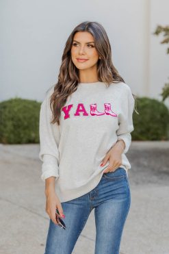 Best Pirce 🎁 Pink Lily Y'all Chenille Boot Patch Graphic Sweatshirt FINAL SALE 🔔