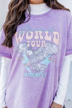 Coupon ⌛ Pink Lily World Tour Lilac Acid Wash Rolled Sleeve Graphic Tee 🎉