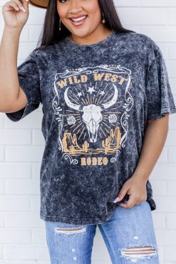 Best Pirce 👏 Pink Lily Longhorn Black Acid Wash Oversized Graphic Tee ❤️