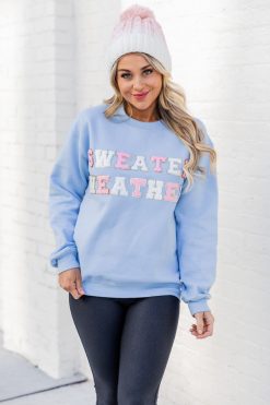 Tees Shop 8 Top 10 ⭐ Pink Lily Sweater Weather Light Blue Chenille Patch Graphic Sweatshirt 🔔
