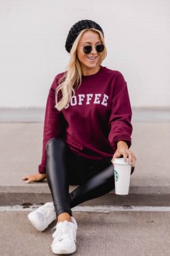 Budget ๐ฅ Pink Lily Coffee Varsity Graphic Maroon Sweatshirt ๐