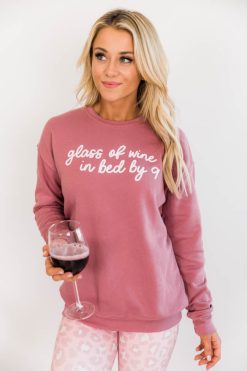 Promo ❤️ Pink Lily Glass Of Wine In Bed By Nine Mauve Graphic Sweatshirt 🔥
