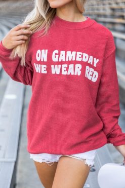 Discount ⌛ Pink Lily On Gameday We Wear Red Corded Graphic Sweatshirt ❤️