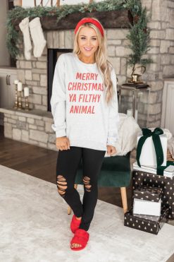 Buy 😍 Pink Lily Merry 🎁 Christmas Ya Filthy Animal Graphic Sweatshirt ✔️