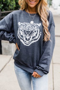 Deals 🛒 Pink Lily White Tiger Dark Heather Graphic Sweatshirt ❤️