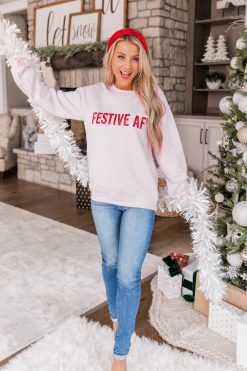 Flash Sale 💯 Pink Lily Festive AF Light Pink Graphic Sweatshirt ✔️