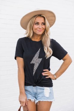 Best Sale ๐ Pink Lily Animal Print Lightning Bolt Brown Tee Heather Black ๐