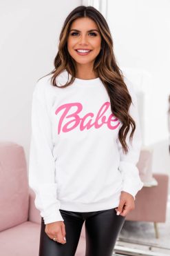 Top 10 👍 Pink Lily Babe White Graphic Sweatshirt ❤️