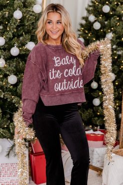 Top 10 🛒 Pink Lily Baby It's Cold Outside Cropped Corded Maroon Graphic Sweatshirt 🤩