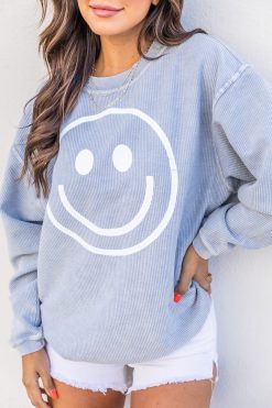 Cheap ⌛ Pink Lily Smiley Face Faded Denim Corded Graphic Sweatshirt 🛒