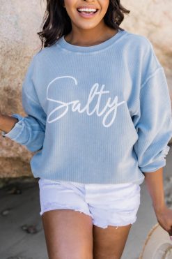 Top 10 👍 Pink Lily Salty Script Corded Graphic Faded Denim Sweatshirt ✔️