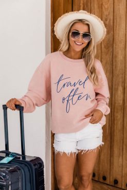 Buy ✨ Pink Lily Travel Often Pink Corded Graphic Sweatshirt 👏