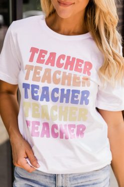 Outlet 🤩 Pink Lily Teacher Multi White Graphic Tee 👏
