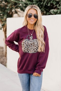 Outlet 🎉 Pink Lily Animal Print Pumpkin Graphic Maroon Sweatshirt 🌟