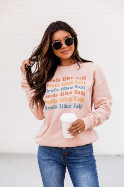 Budget 🔔 Pink Lily Feels Like Fall Peach Graphic Sweatshirt 😍