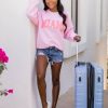 Cheap 🎁 Pink Lily Miami Distressed Graphic Sweatshirt Light Pink 🎁