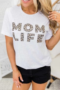 Budget 🔥 Pink Lily Mom Life Leopard Print Design Graphic Tee Ash 🛒