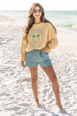 Cheapest 🎉 Pink Lily Beach Bum Shell Smiley Gold Corded Graphic Sweatshirt 👏