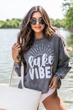 Best reviews of 😉 Pink Lily Lake Vibes Charcoal Corded Graphic Sweatshirt 🧨