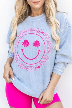 Best reviews of ✨ Pink Lily Beach Bum Shell Smiley Faded Denim Corded Graphic Sweatshirt 🌟