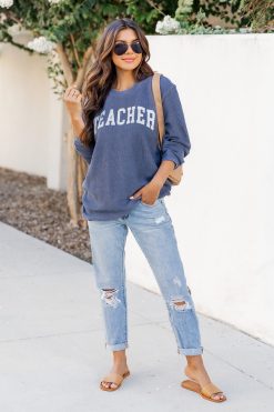 Brand new 😉 Pink Lily Teacher Block Navy Corded Graphic Sweatshirt 😍