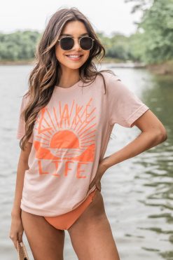 Buy 🧨 Pink Lily Distressed Lake Life Scene Peach Graphic Tee ❤️