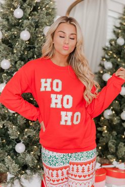 Cheapest ⭐ Pink Lily Ho Ho Ho Chenille Patch Graphic Sweatshirt 🥰