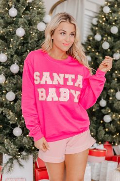 Wholesale ๐ฅ Pink Lily Santa Baby Pink Chenille Patch Graphic Sweatshirt ๐