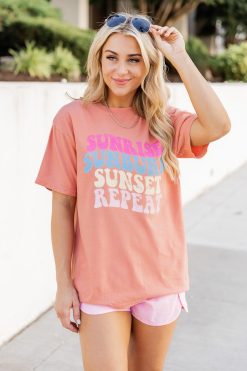 Best Sale ✔️ Pink Lily Sunrise, Sunburn, Sunset, Repeat Graphic Terracotta Tee 👏