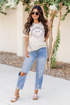 Promo ✔️ Pink Lily Teaching Makes Me Happy Cream Graphic Tee 🧨