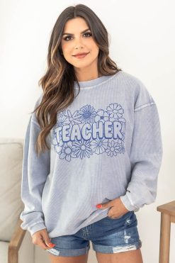 Cheap 🌟 Pink Lily Teacher Floral Faded Denim Corded Graphic Sweatshirt 😉