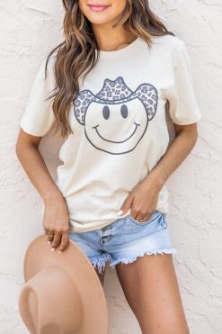 Flash Sale ⌛ Pink Lily Cowboy Leopard Smiley Cream Graphic Tee ⌛