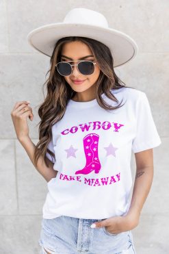 Tees Shop 20 Best Pirce 💯 Pink Lily Cowboy Take Me Away Pink White Graphic Tee 💯