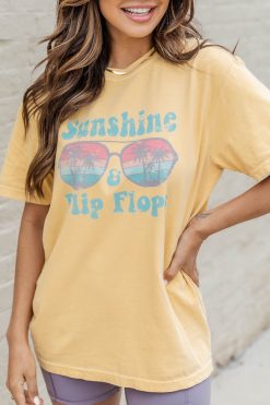 Best Sale 🛒 Pink Lily Sunshine And Flip Flops Mustard Graphic Tee 👍