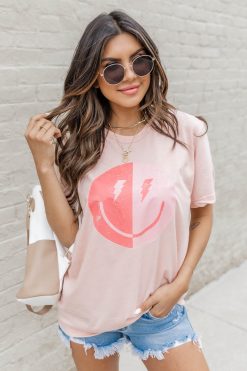 Cheapest 🌟 Pink Lily Lightning Bolt Smiley Peach Graphic Tee 🎉