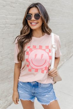 Top 10 🌟 Pink Lily Lightning Bolt Checkered Smiley Peach Graphic Tee 🧨