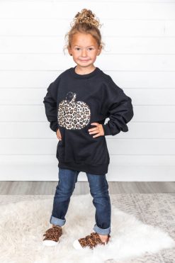 Discount 🔔 Pink Lily Kids Animal Print Pumpkin Graphic Black Sweatshirt 🌟