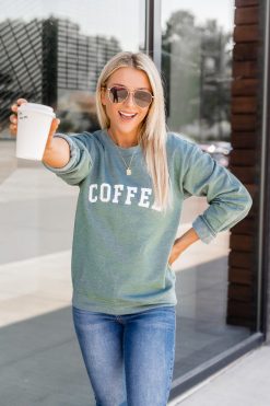 New 🔥 Pink Lily Coffee Varsity Heather Green Graphic Sweatshirt 😀