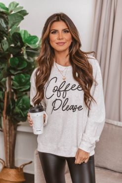 New ❤️ Pink Lily Coffee Please Graphic Heather Sand Sweatshirt ✔️