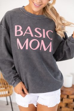 Best Pirce โญ Pink Lily Basic Mom Corded Graphic Charcoal Sweatshirt ๐