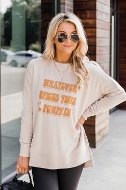 Coupon 👍 Pink Lily Whatever Spices Your Pumpkin Light Tan Graphic Sweatshirt ✨