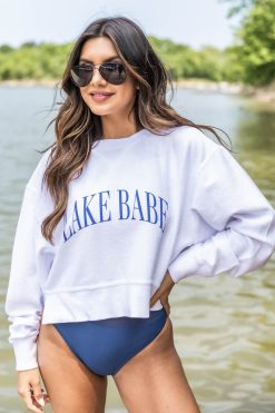 Promo 🧨 Pink Lily Lake Babe Cropped Corded Graphic White Sweatshirt 😀