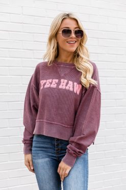 Cheapest 🤩 Pink Lily Yee Haw Cropped Corded Graphic Maroon Sweatshirt 🔥