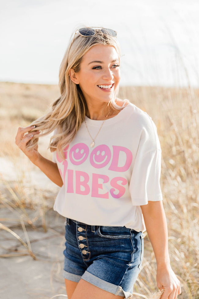 Buy 🔔 Pink Lily Good Vibes Smiley Sand Oversized Graphic Tee 🔔 - Image 2
