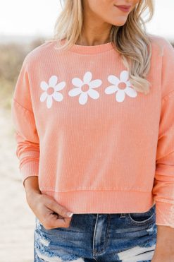 Cheap 👏 Pink Lily Daisies Acid Wash Cropped Corded Salmon Graphic Sweatshirt 🔥