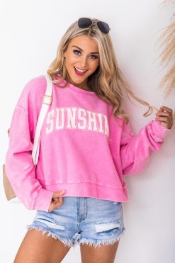 Best Sale 👏 Pink Lily Sunshine Varsity Acid Wash Cropped Corded Pink Graphic Sweatshirt 🔥