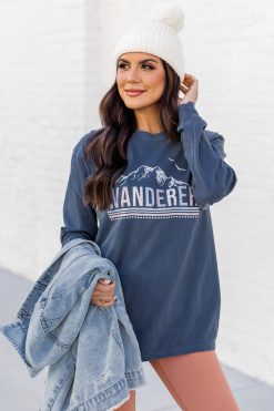 Tees Shop 14 Wholesale ⌛ Pink Lily Wanderer Blue Long Sleeve Graphic Tee 🌟