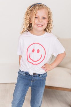Wholesale ๐ Pink Lily Kids Pink Smiley Face White Graphic Tee ๐งจ