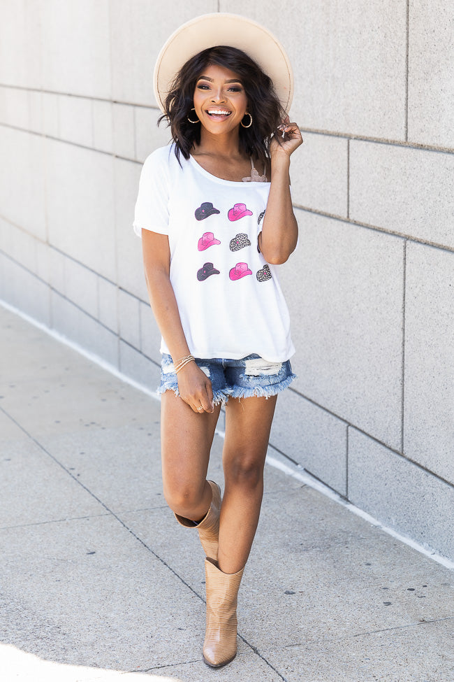 Best Pirce ❤️ Pink Lily Cowboy Hats White Graphic Slouchy Tee 👍 - Image 2