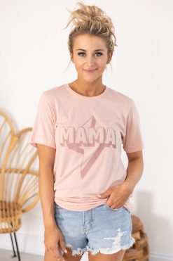 Best Pirce 👍 Pink Lily Mama Lightning Bolt Graphic Peach Tee 🥰